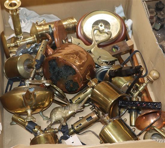 Five small brass blow torches and a collection of miscellaneous metalware, including two brass-mounted spirit levels